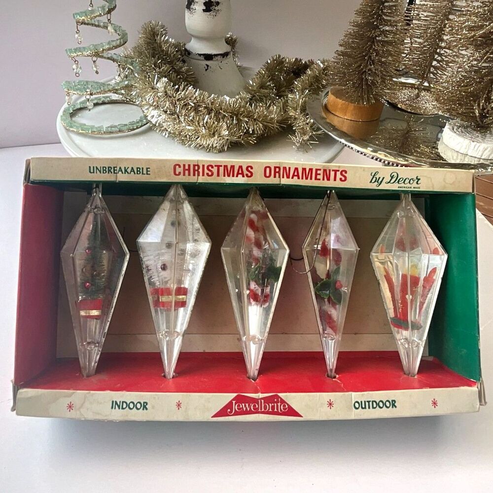 Vintage MCM Jewelbrite Christmas ornaments Atomic style original box 5 Diorama